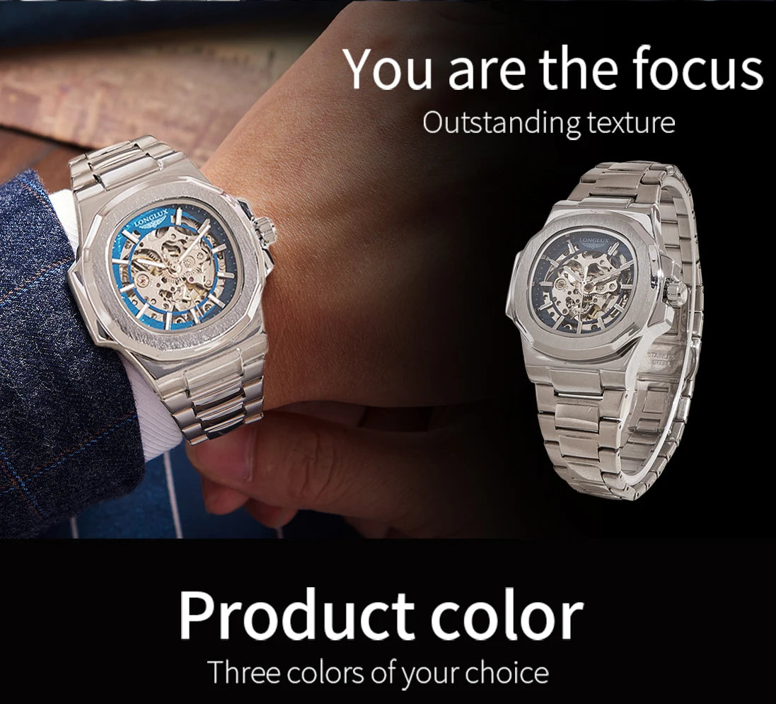 LONGLUX Men's Luxury Automatic Mechanical Waterproof Skeleton Business Watch