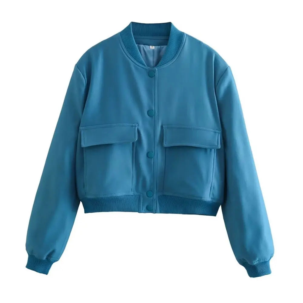 Fashionable Women's Bomber Jacket Coats with Pockets and Long Sleeves