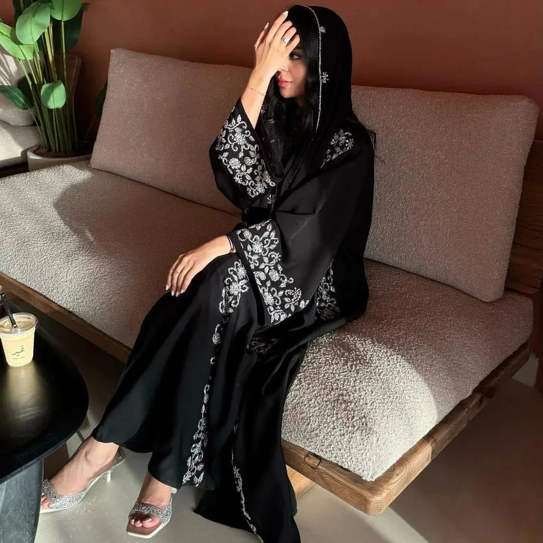 Abaya Muslim clothing women's black silver nail beads, high-end luxury