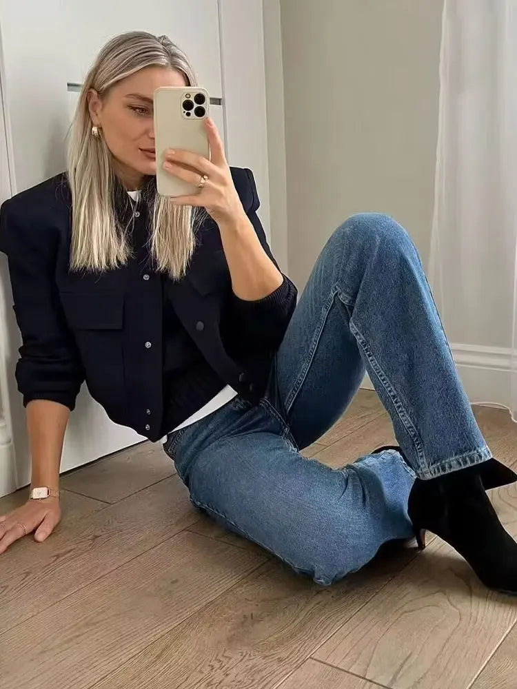 Fashionable Women's Bomber Jacket Coats with Pockets and Long Sleeves