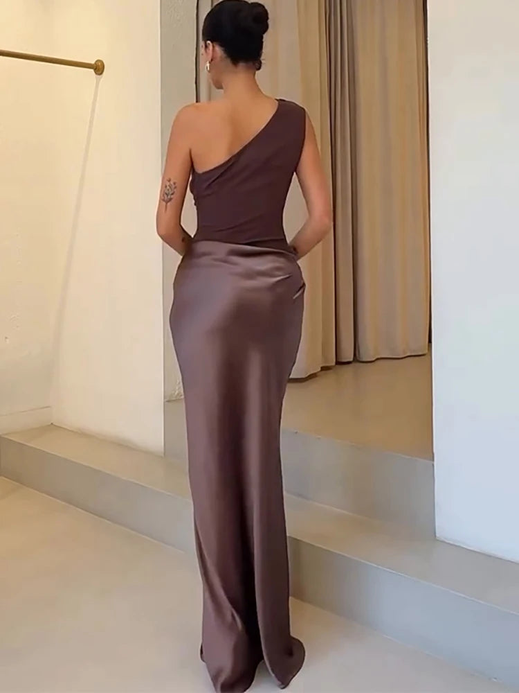 Patchwork Satin Sexy One Shoulder Women Maxi
