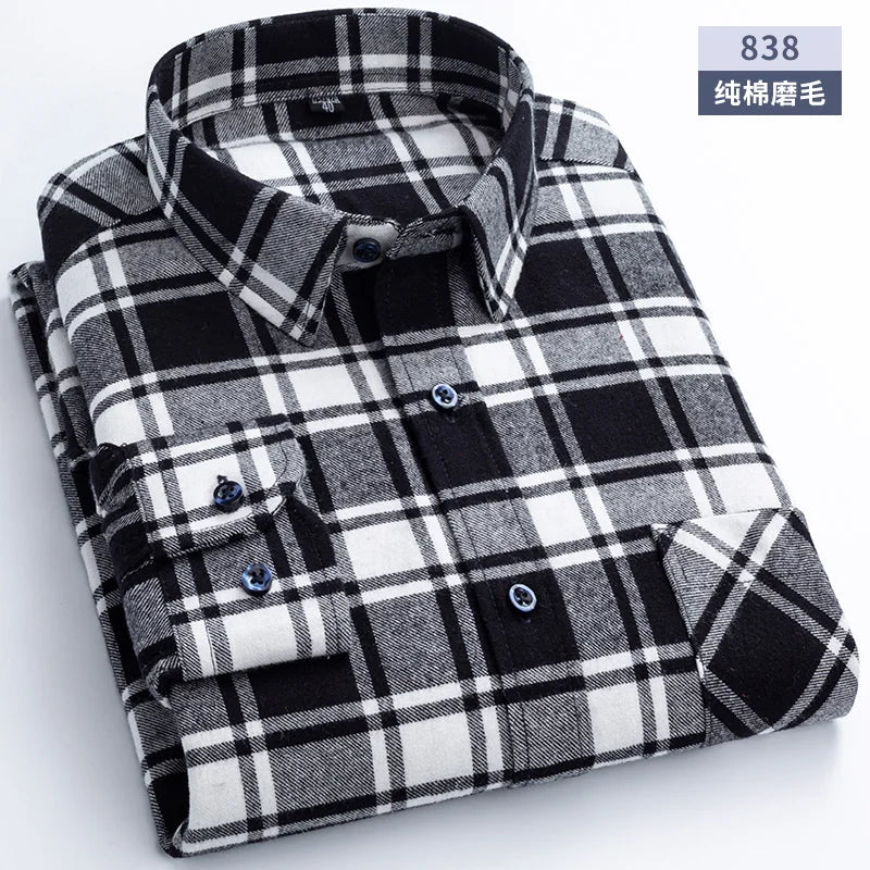 New Flannel Plaid Shirts For Man Winter Warm Cotton Long Sleeve Turn-down Collar