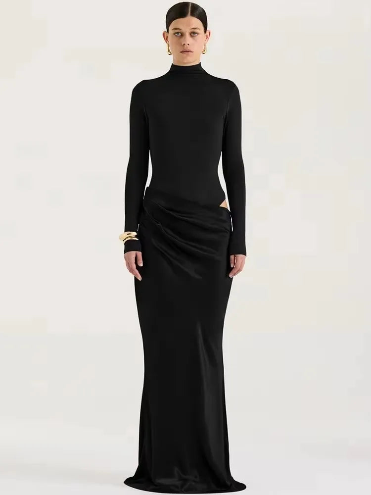 Patchwork Satin Sexy One Shoulder Women Maxi