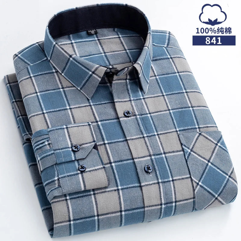 New Flannel Plaid Shirts For Man Winter Warm Cotton Long Sleeve Turn-down Collar