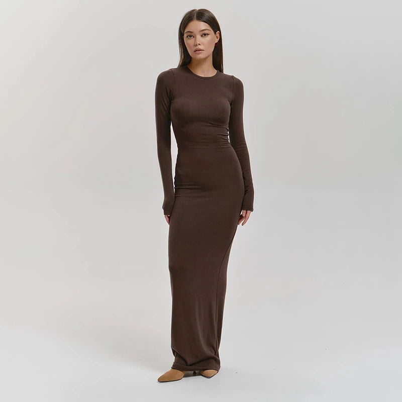 autumn new women's solid color round neck long sleeve long dress women