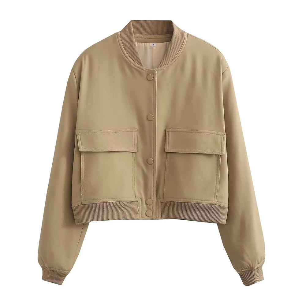 Fashionable Women's Bomber Jacket Coats with Pockets and Long Sleeves