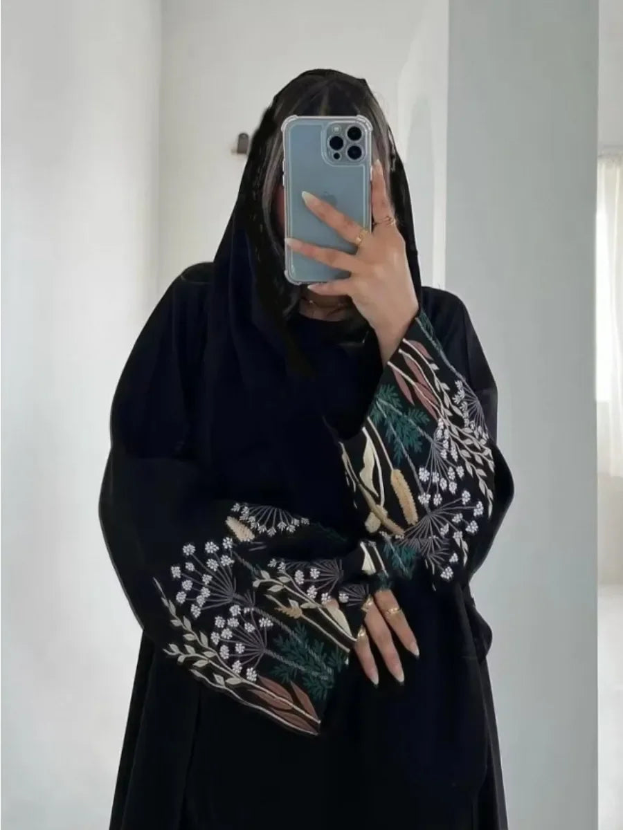 Eid Women Abaya Embroidery Open Dress Muslim