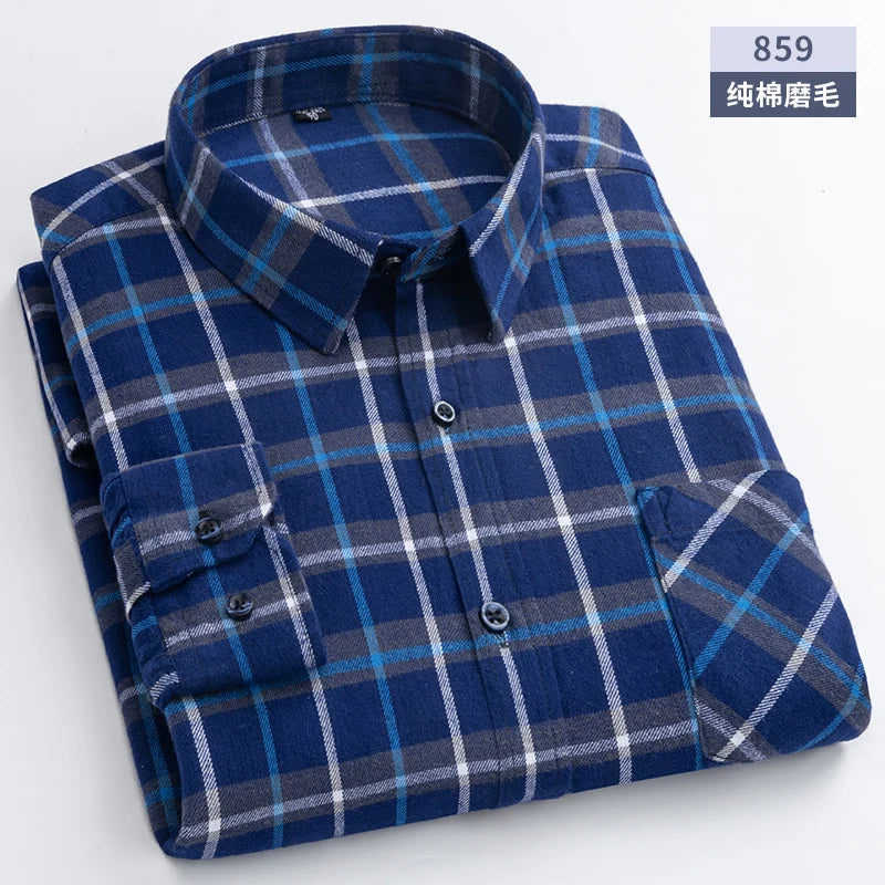 New Flannel Plaid Shirts For Man Winter Warm Cotton Long Sleeve Turn-down Collar