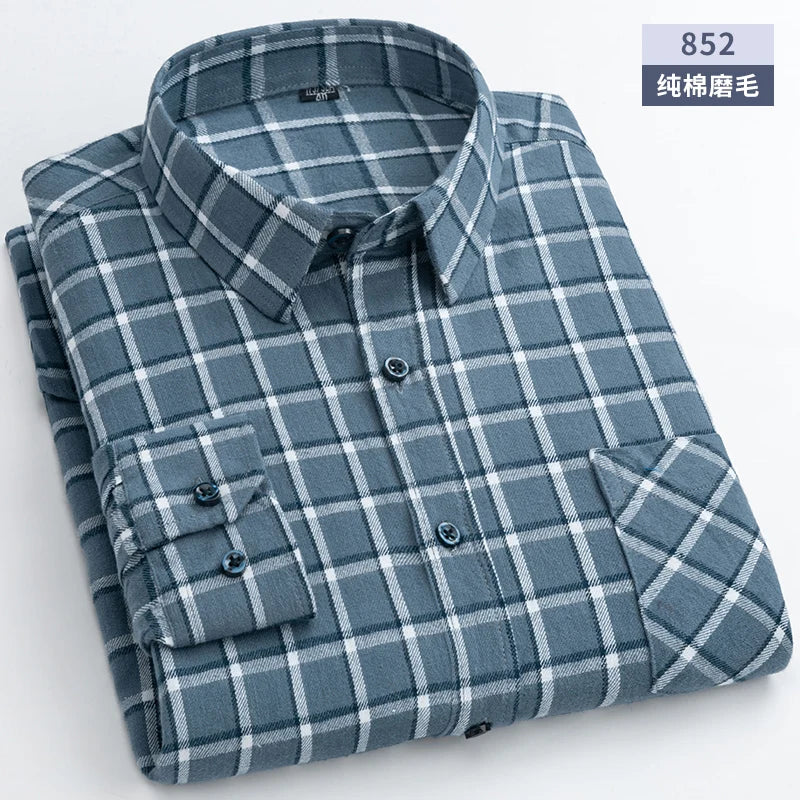 New Flannel Plaid Shirts For Man Winter Warm Cotton Long Sleeve Turn-down Collar