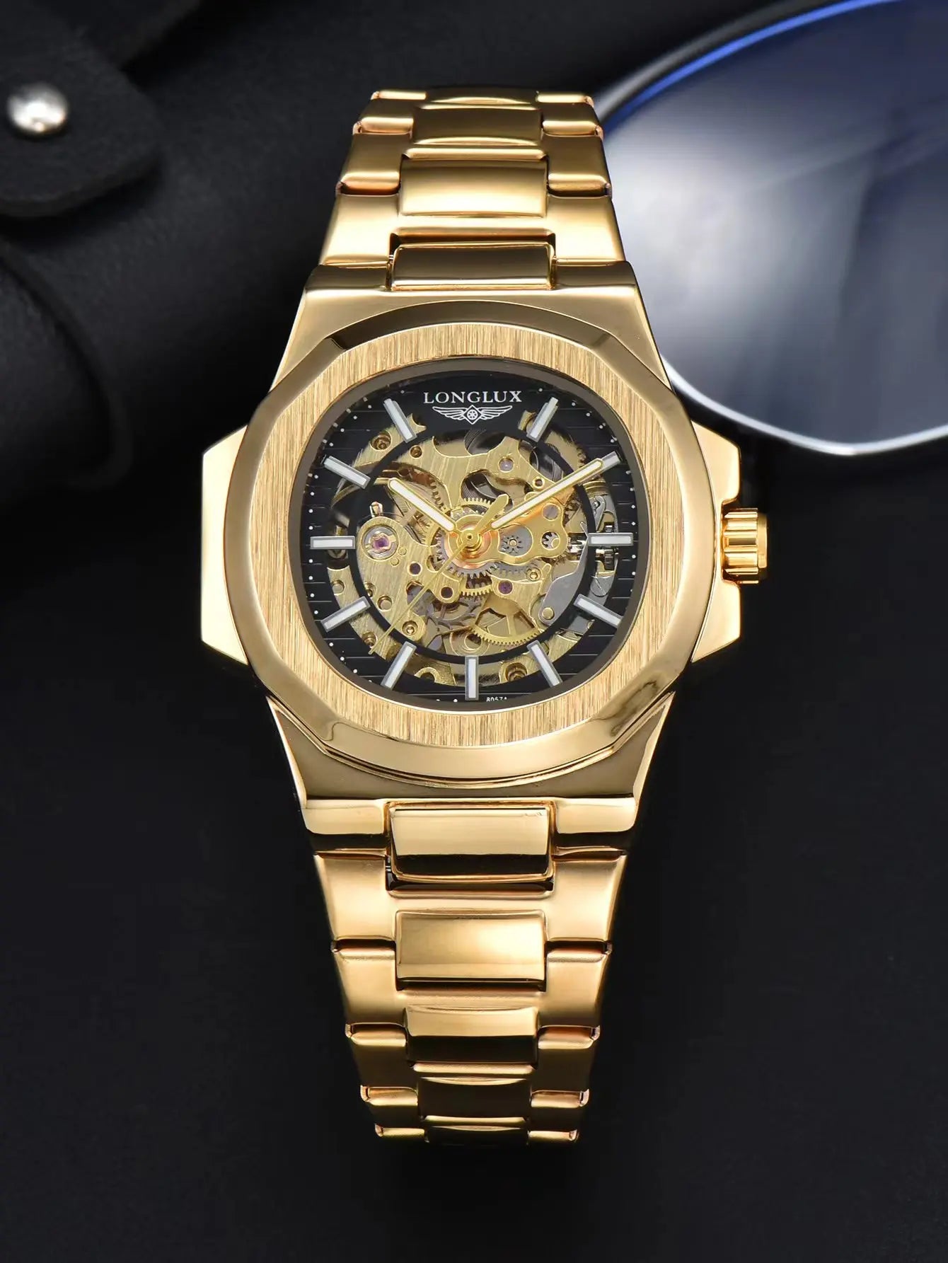 LONGLUX Men's Luxury Automatic Mechanical Waterproof Skeleton Business Watch