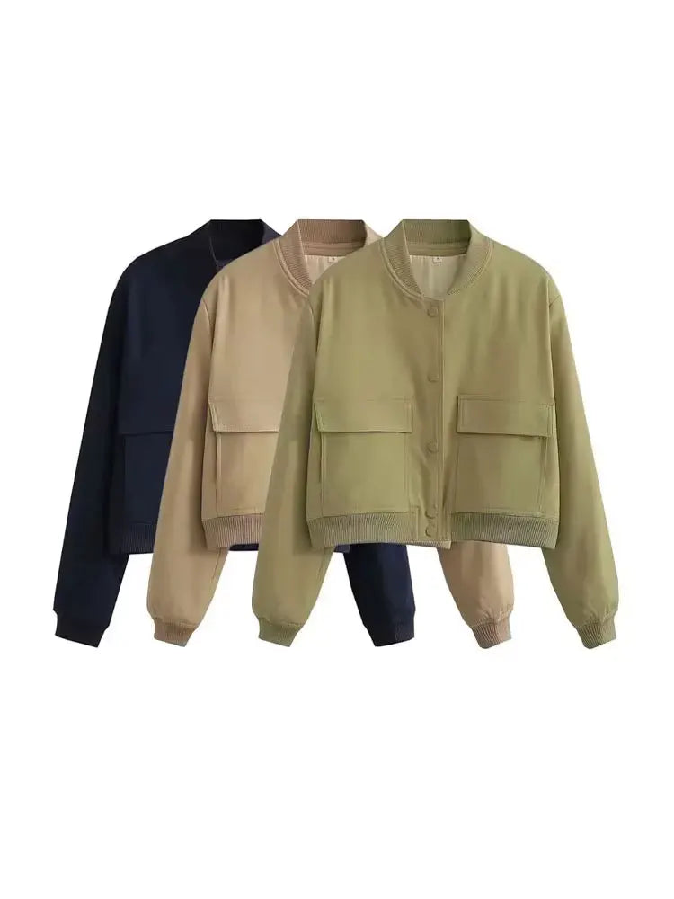 Fashionable Women's Bomber Jacket Coats with Pockets and Long Sleeves