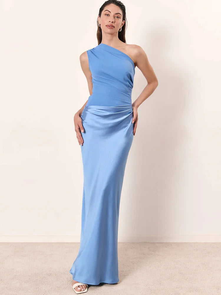 Patchwork Satin Sexy One Shoulder Women Maxi