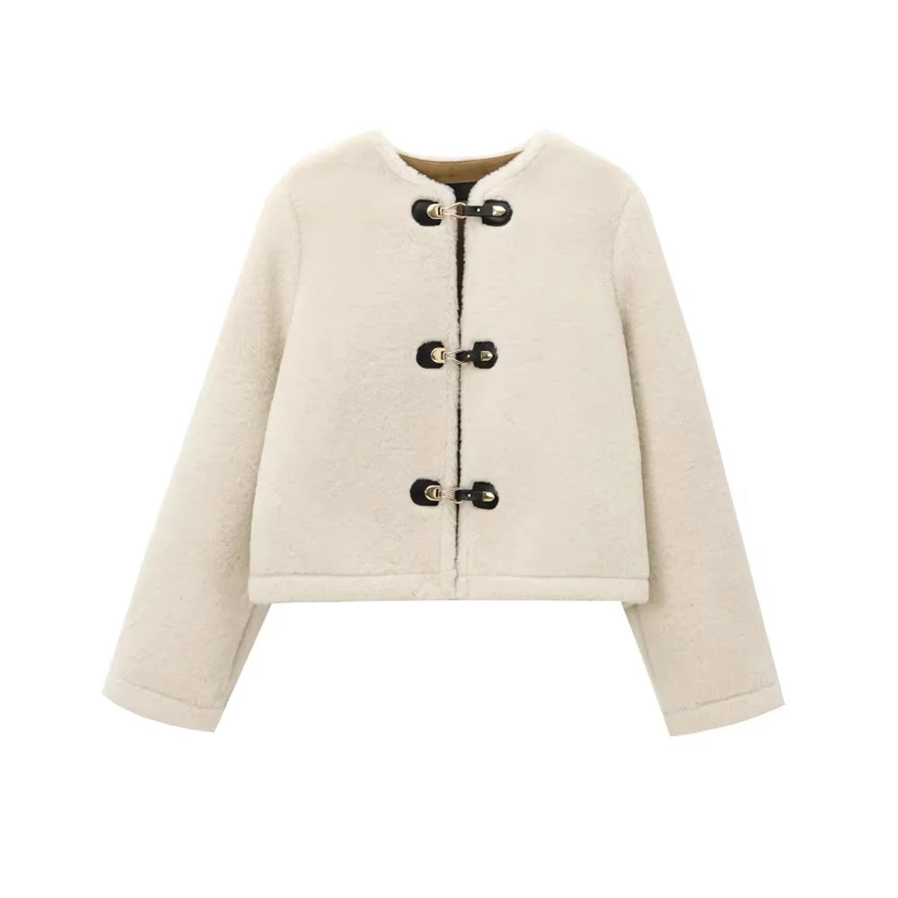 Women's Warm Faux Fur Jacket, Long Sleeve Coat, Button Front