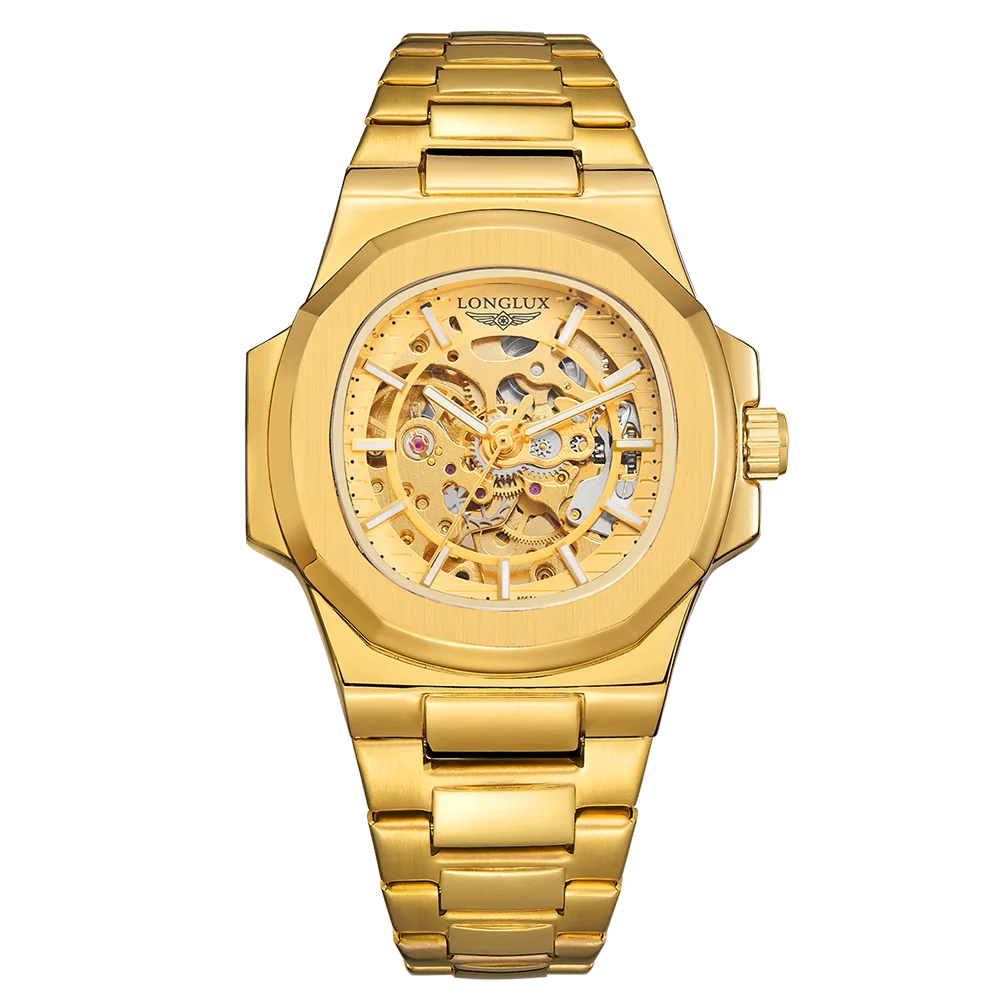 LONGLUX Men's Luxury Automatic Mechanical Waterproof Skeleton Business Watch