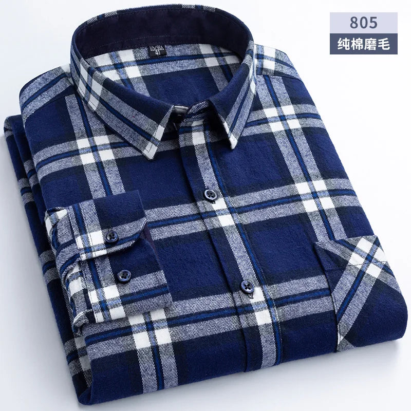 New Flannel Plaid Shirts For Man Winter Warm Cotton Long Sleeve Turn-down Collar