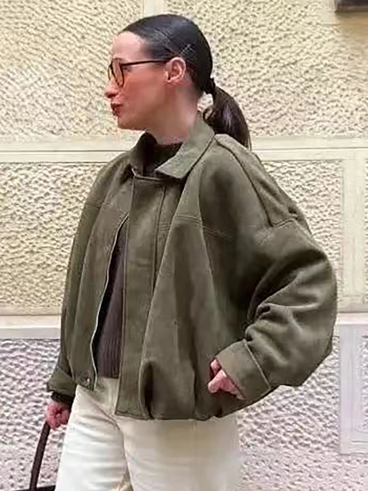 Vintage Green Oversized Women's Bomber Jacket Fashion 2025
