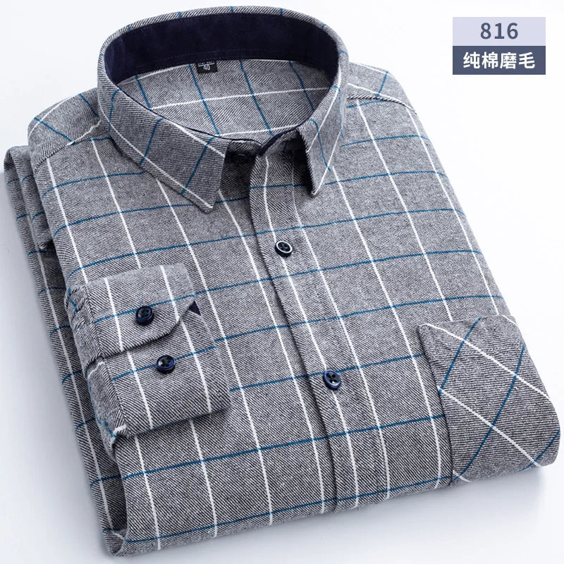 New Flannel Plaid Shirts For Man Winter Warm Cotton Long Sleeve Turn-down Collar