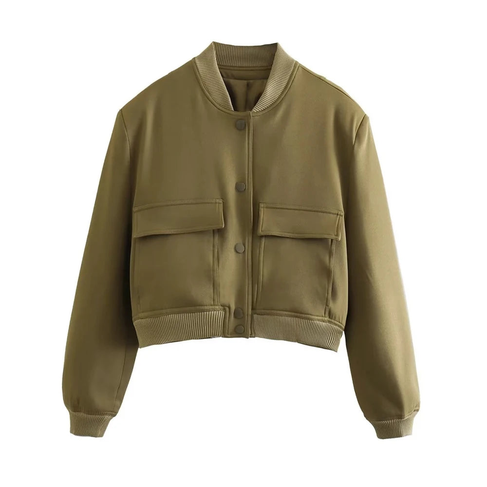 Fashionable Women's Bomber Jacket Coats with Pockets and Long Sleeves