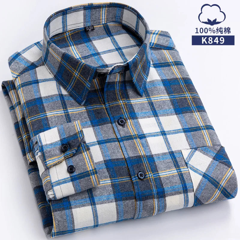 New Flannel Plaid Shirts For Man Winter Warm Cotton Long Sleeve Turn-down Collar