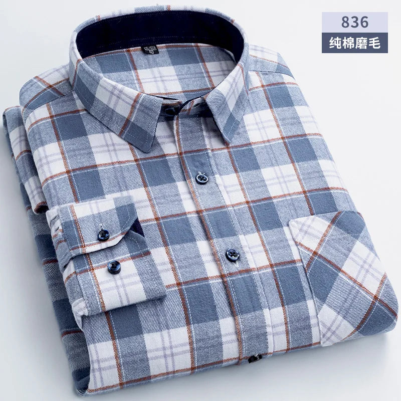 New Flannel Plaid Shirts For Man Winter Warm Cotton Long Sleeve Turn-down Collar