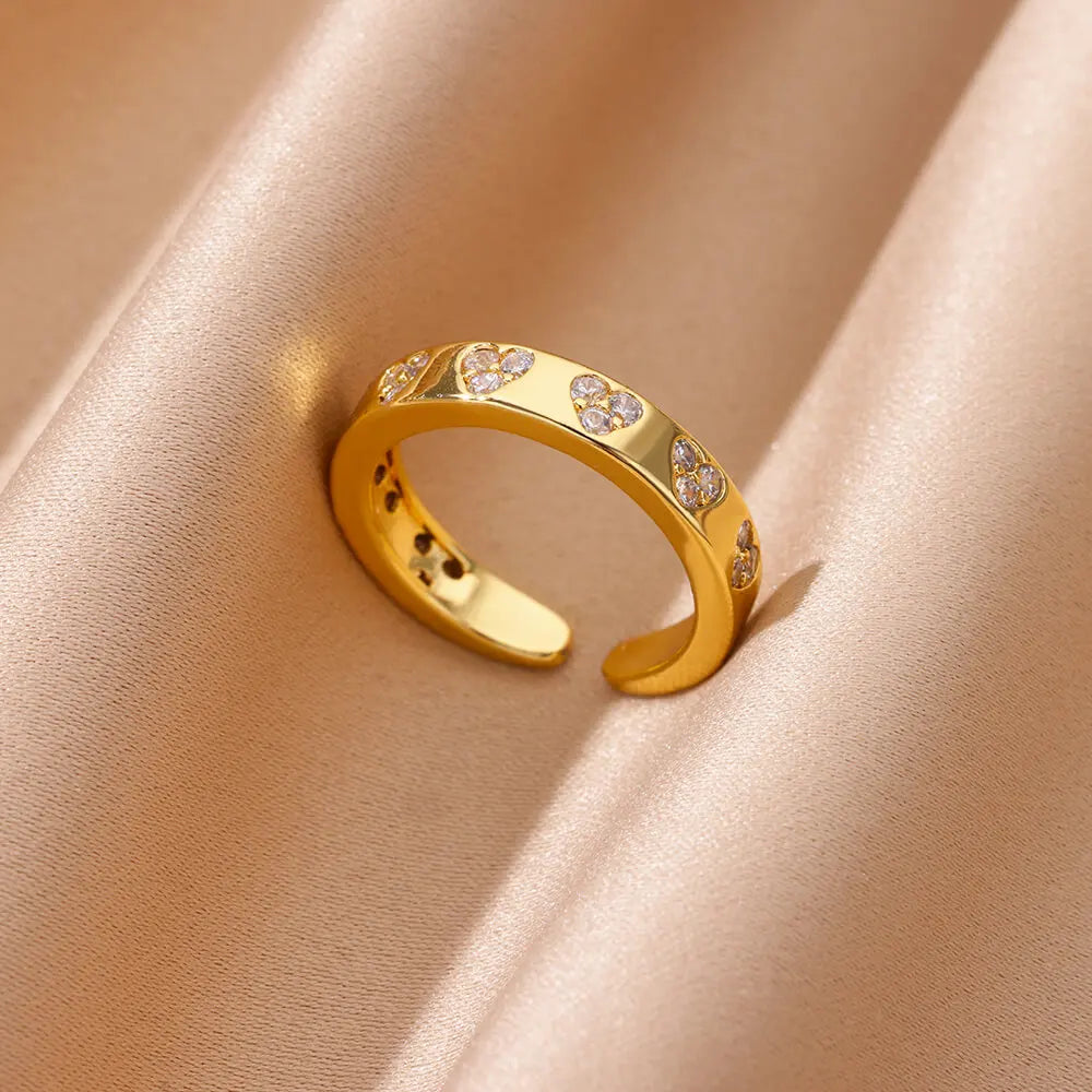 Geometric Zircon Heart Rings for Women, Gold Stainless Steel Wedding Band