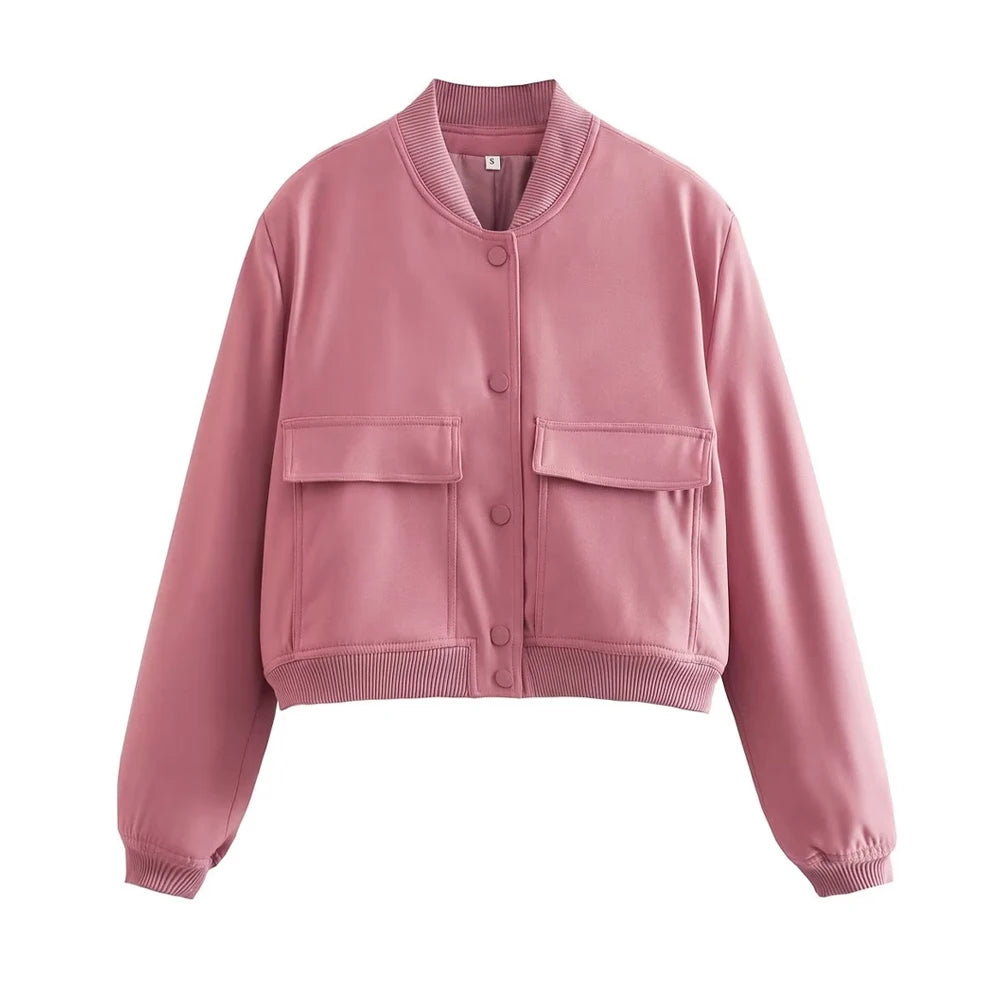 Fashionable Women's Bomber Jacket Coats with Pockets and Long Sleeves