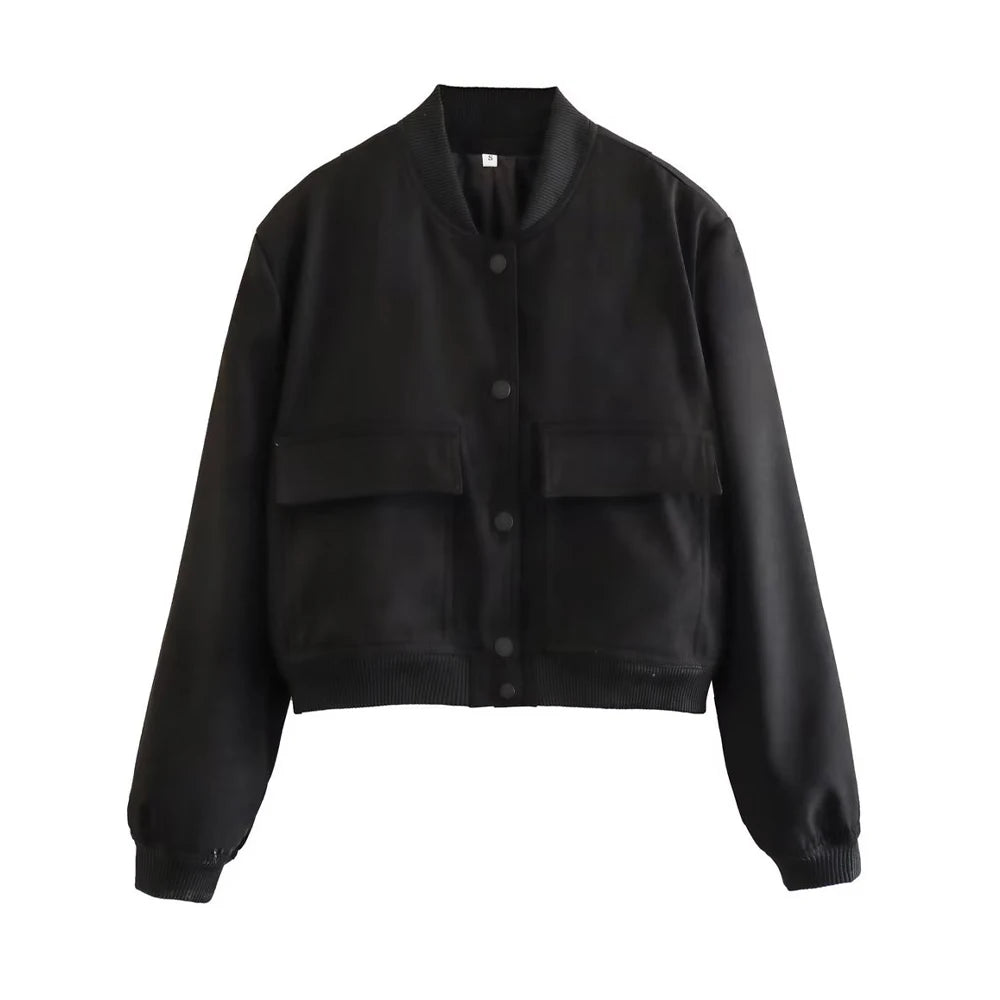 Fashionable Women's Bomber Jacket Coats with Pockets and Long Sleeves