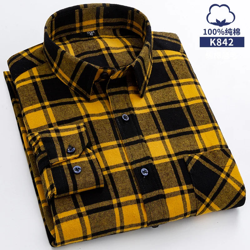 New Flannel Plaid Shirts For Man Winter Warm Cotton Long Sleeve Turn-down Collar