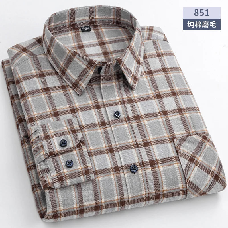 New Flannel Plaid Shirts For Man Winter Warm Cotton Long Sleeve Turn-down Collar