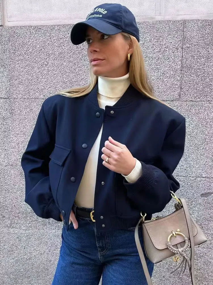 Fashionable Women's Bomber Jacket Coats with Pockets and Long Sleeves