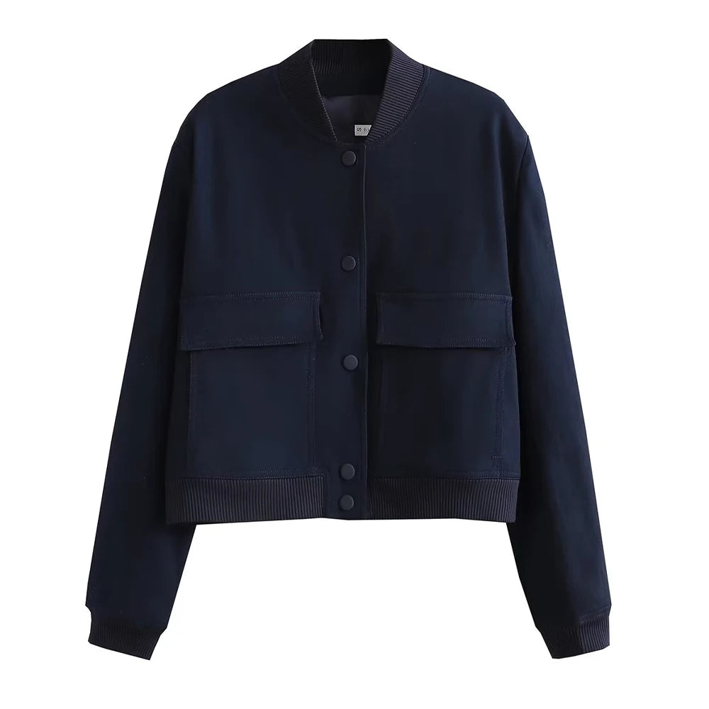 Fashionable Women's Bomber Jacket Coats with Pockets and Long Sleeves