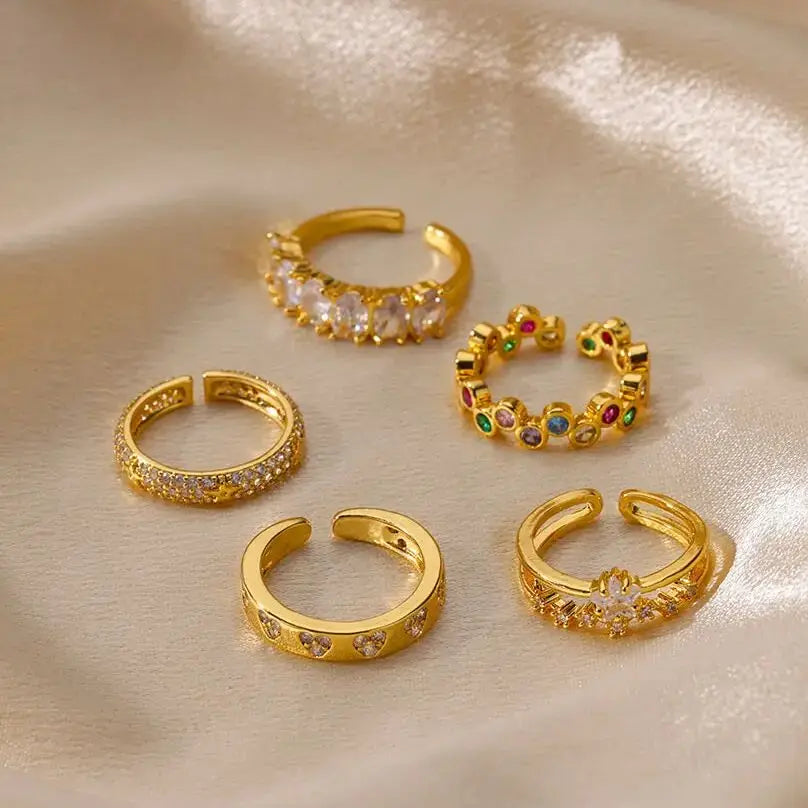 Geometric Zircon Heart Rings for Women, Gold Stainless Steel Wedding Band