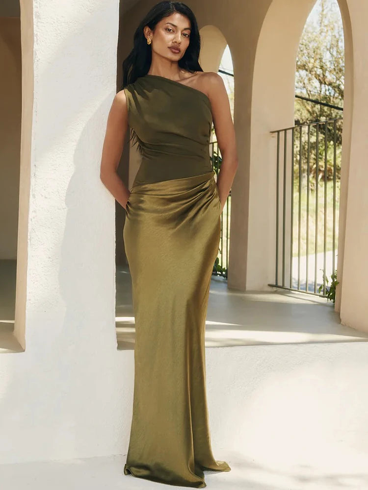 Patchwork Satin Sexy One Shoulder Women Maxi