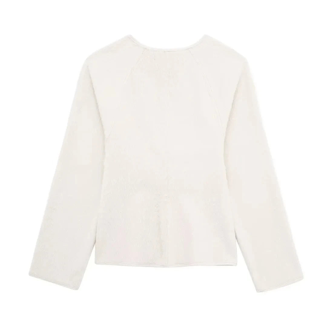 Beige long sleeve V-neck jacket, suitable for autumn and spring,
