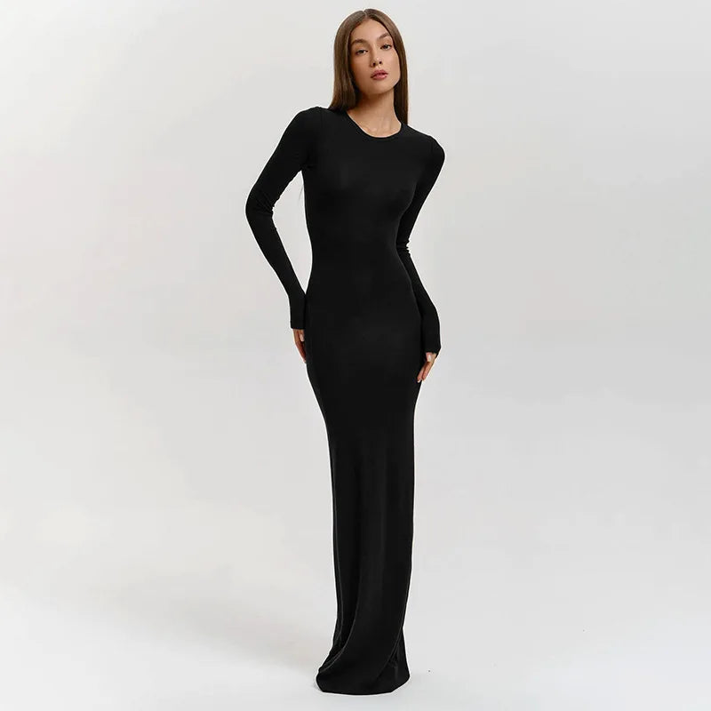 autumn new women's solid color round neck long sleeve long dress women
