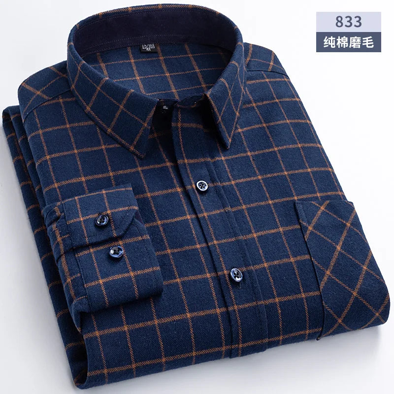 New Flannel Plaid Shirts For Man Winter Warm Cotton Long Sleeve Turn-down Collar