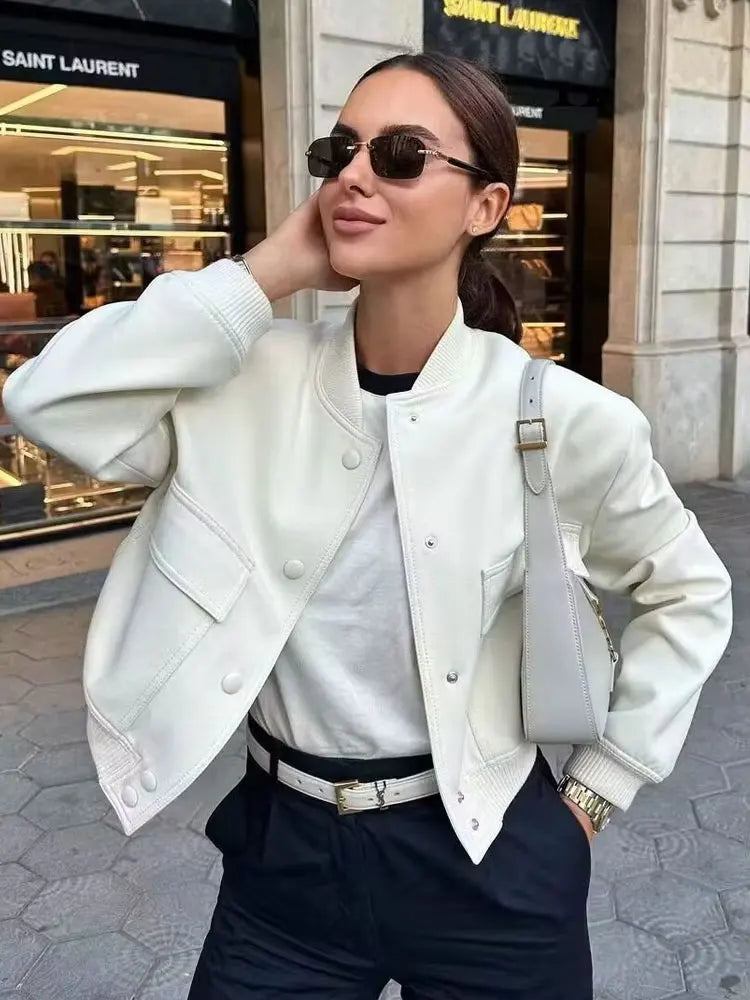 Fashionable Women's Bomber Jacket Coats with Pockets and Long Sleeves