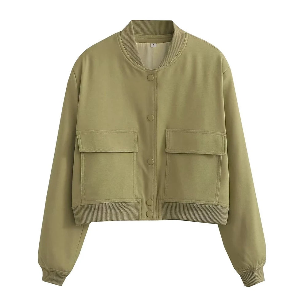 Fashionable Women's Bomber Jacket Coats with Pockets and Long Sleeves