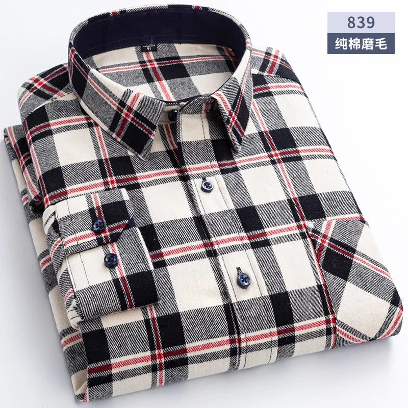New Flannel Plaid Shirts For Man Winter Warm Cotton Long Sleeve Turn-down Collar