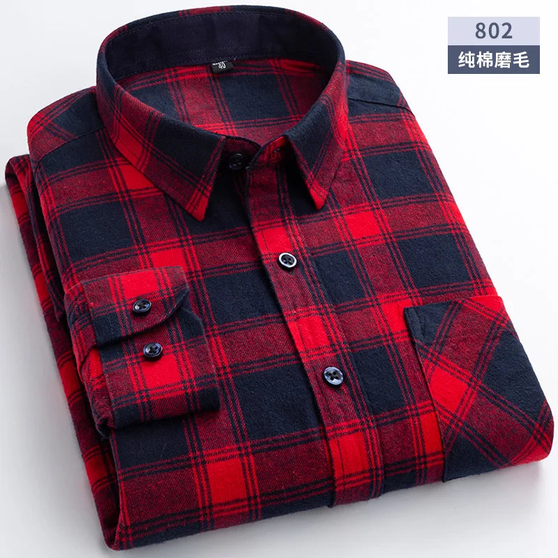 New Flannel Plaid Shirts For Man Winter Warm Cotton Long Sleeve Turn-down Collar