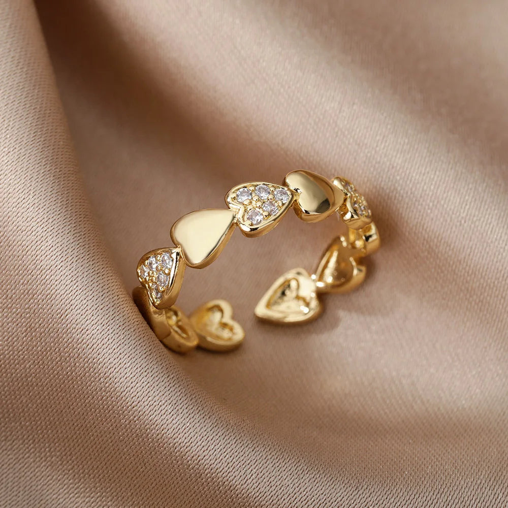 Geometric Zircon Heart Rings for Women, Gold Stainless Steel Wedding Band