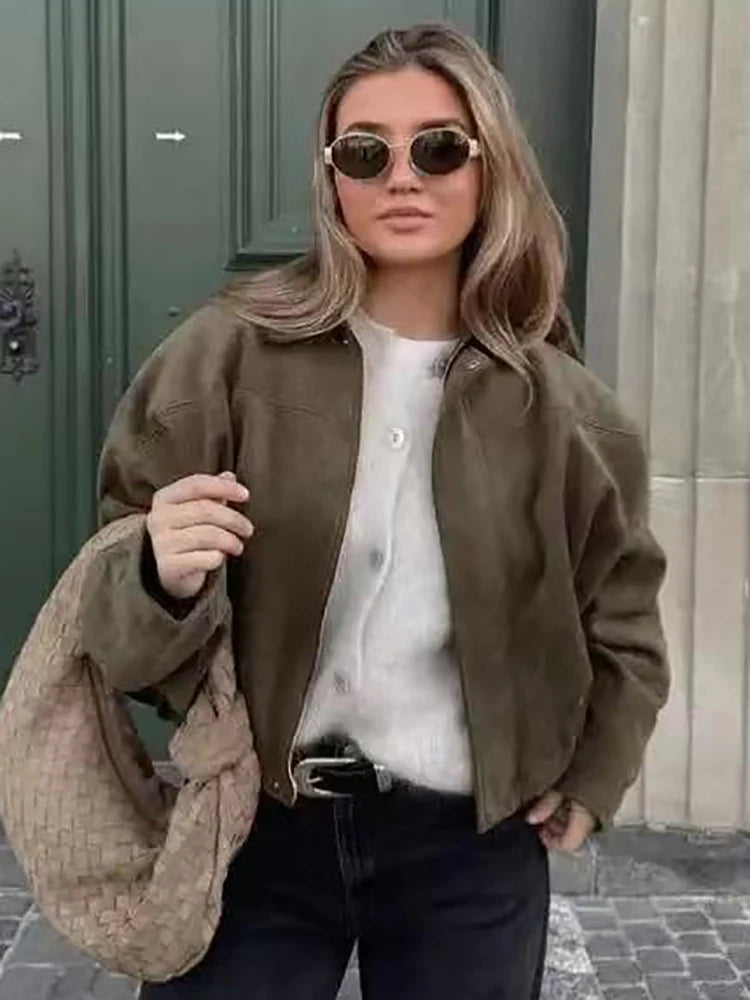 Vintage Green Oversized Women's Bomber Jacket Fashion 2025