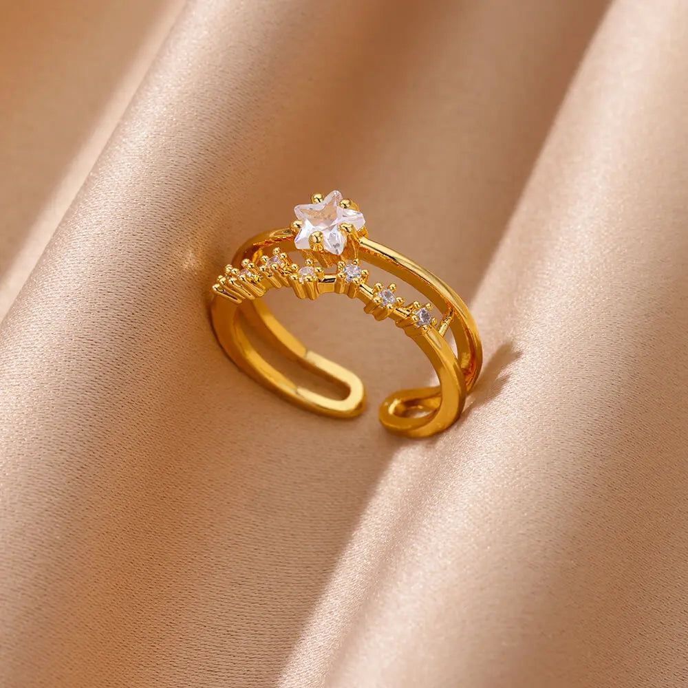 Geometric Zircon Heart Rings for Women, Gold Stainless Steel Wedding Band