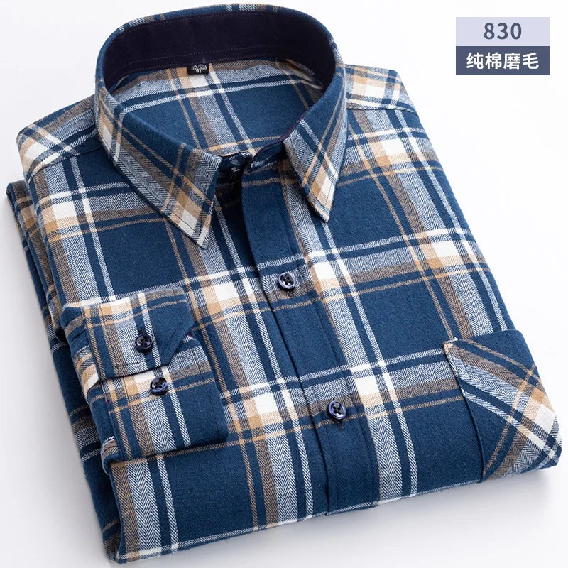 New Flannel Plaid Shirts For Man Winter Warm Cotton Long Sleeve Turn-down Collar