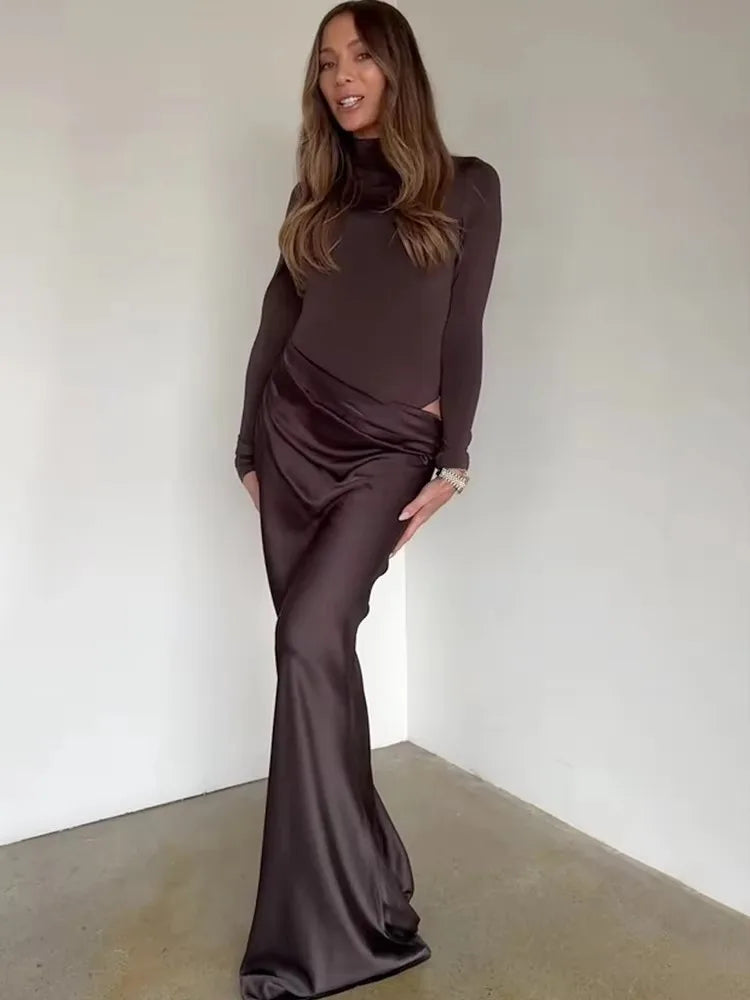 Patchwork Satin Sexy One Shoulder Women Maxi