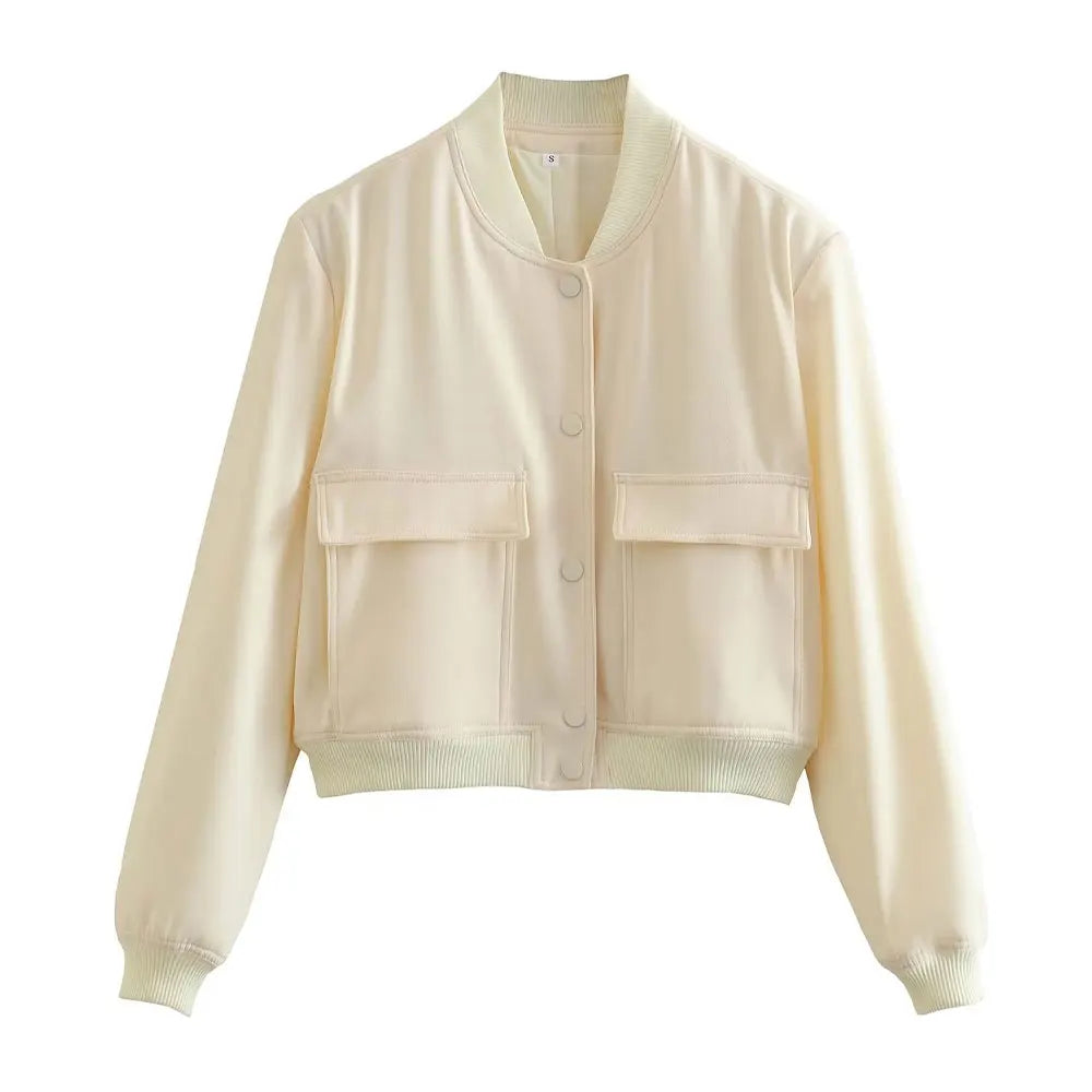 Fashionable Women's Bomber Jacket Coats with Pockets and Long Sleeves