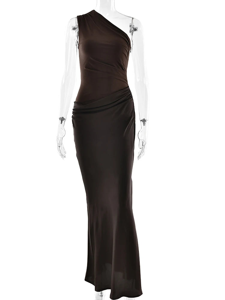 Patchwork Satin Sexy One Shoulder Women Maxi