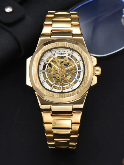 LONGLUX Men's Luxury Automatic Mechanical Waterproof Skeleton Business Watch