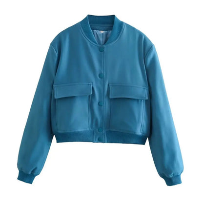 Fashionable Women's Bomber Jacket Coats with Pockets and Long Sleeves