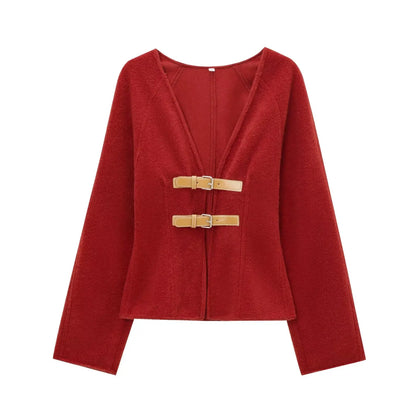 Beige long sleeve V-neck jacket, suitable for autumn and spring,